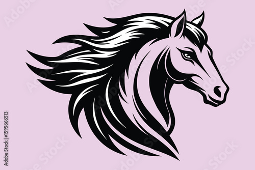 Stylized Horse Head Vector Illustration with Flowing Mane on Purple Background
