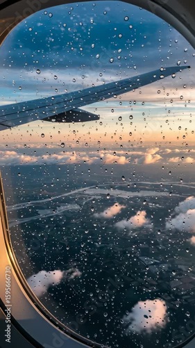 Breathtaking sunset view from an airplane window during a rainy flight over the landscape