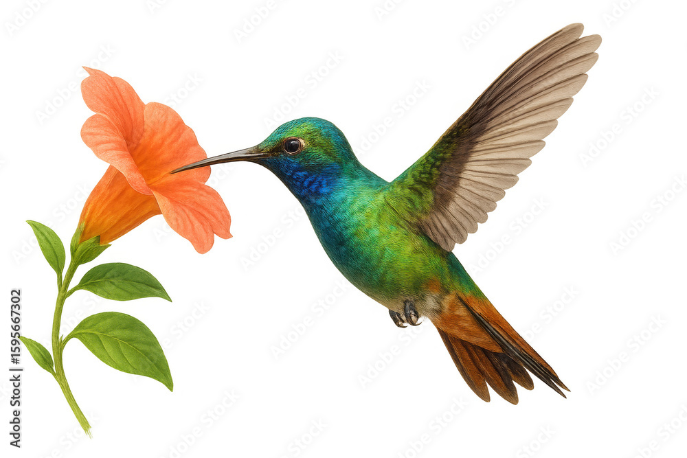 Fototapeta premium Beautiful hummingbird with iridescent colorful feathers flying near an orange flower with transparent background
