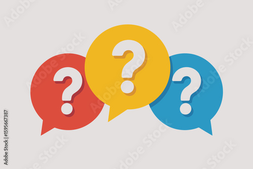 Three colorful speech bubbles displaying question marks on a white background in a flat design style