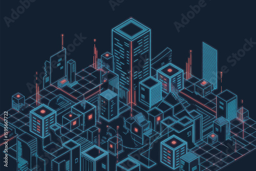 A futuristic cityscape with glowing blue outlines and red accents on a dark blue background grid view