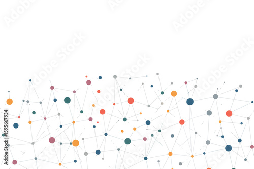 A network of colorful dots connected by lines on a white background creating a modern graphic design