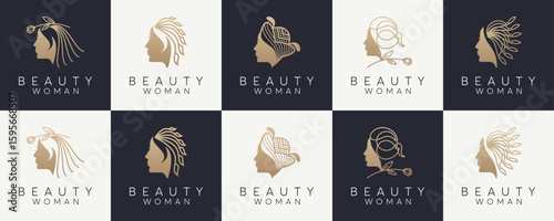 Set Collections of Gold Beauty Women Logo Design Inspirations. Vector of Beauty Salon, Hair Stylist, Spa, Cosmetic, and Skin Care Concept.