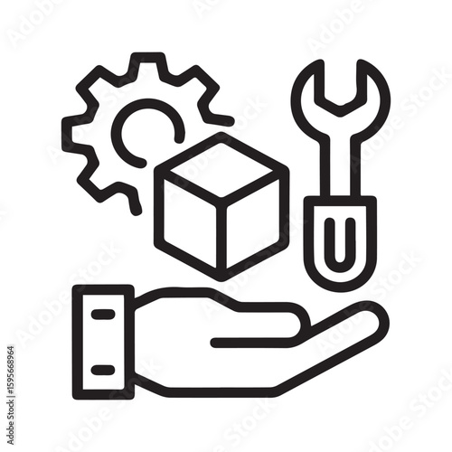 Minimal delivery logistics icon with gear , wrench and box outline