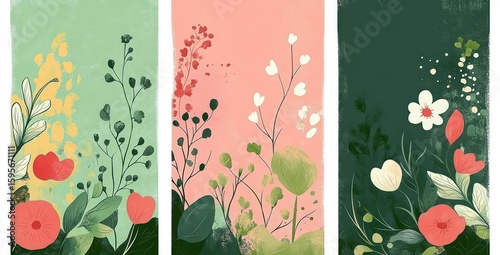 Three panels of abstract botanical illustrations featuring various leaves, flowers, and berries on textured pastel and dark green backgrounds evoking calm and natural beauty