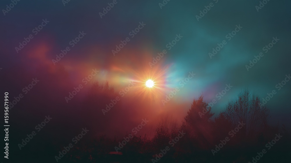 Fototapeta premium Sunrise or sunset through foggy forest