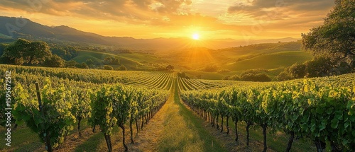 Fototapeta Naklejka Na Ścianę i Meble -  Golden sunset over vast vineyard hills with rows of grapevines and lush greenery under a partly cloudy sky