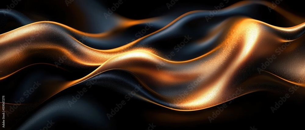 Fototapeta premium Smooth flowing metallic fabric with shimmering gold and dark blue highlights creating elegant waves and soft light reflections