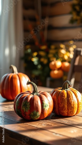 Autumn Pumpkins on Wooden Table