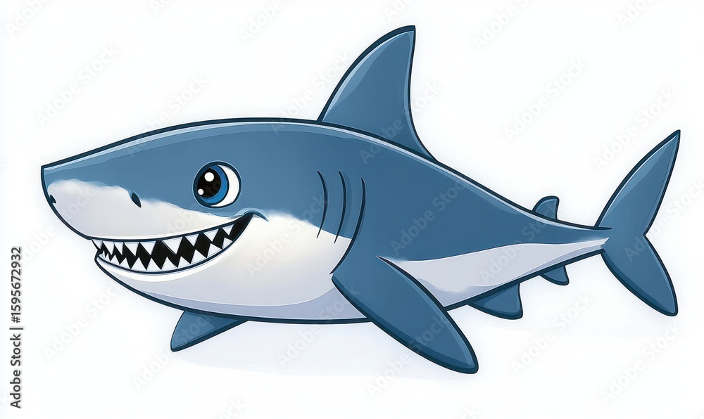 Obraz premium Friendly cartoon shark with big eyes and sharp teeth smiling against white background