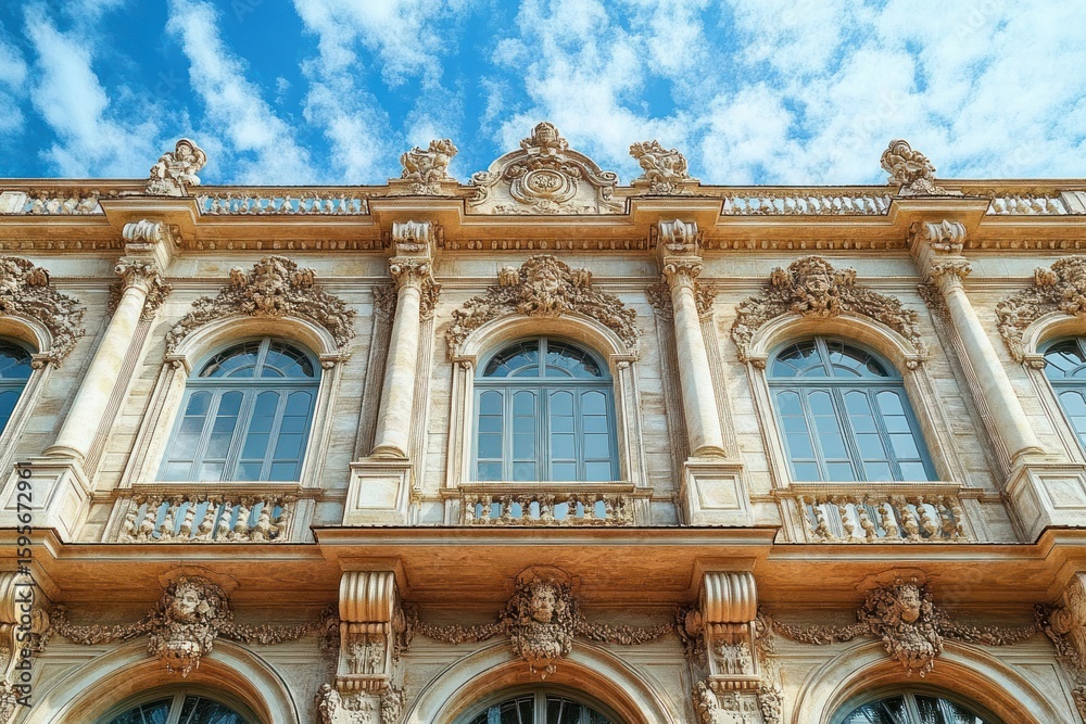 Obraz premium ornate classical building facade with arched windows and intricate stone carvings under a bright blue sky with scattered clouds