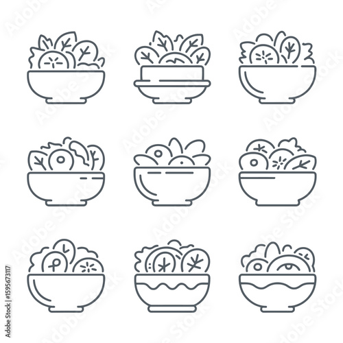 Collection of hand drawn salad bowls isolated on white background