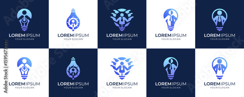 Set Collections of Human Great Innovation Logo Design Inspirations. Vector Combined of Genius People with Light Bulb.
