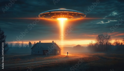 A glowing flying saucer hovering over an old house in a dark rural field beam lights down on a lone person standing in the illuminated area at dusk