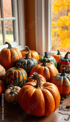 Pumpkins on a Window Sill - A Festive Autumn Display