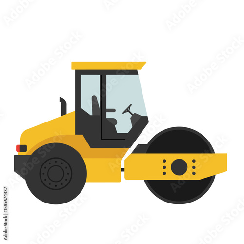 A vibrant yellow road roller, depicted in a flat illustration style, ready for construction projects, set against a clean white backdrop, showcasing its industrial design.
