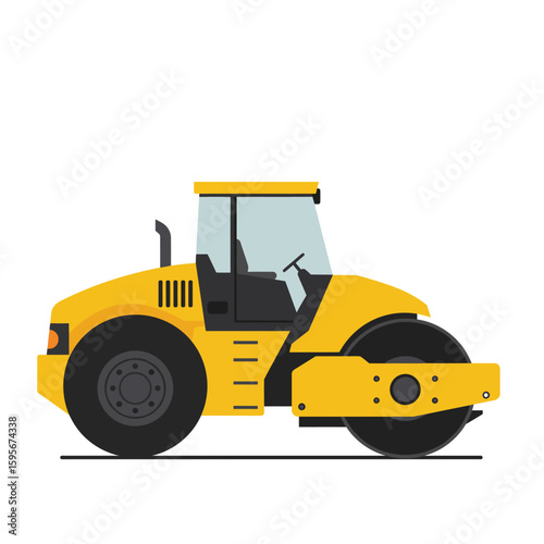 A vibrant yellow road roller, a powerful heavy construction vehicle, is depicted in a clean flat vector illustration, isolated on a pristine white background.