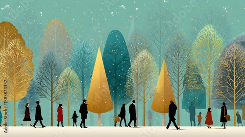 People Walking Through A Snowy Forest With Golden Trees And Snowfall In A Winter Atmosphere