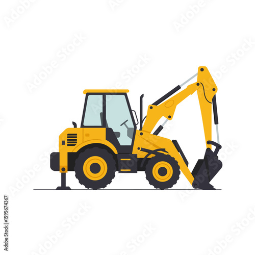 A yellow backhoe loader, a powerful construction vehicle, is shown in profile view against a plain white background, ideal for construction or engineering projects.