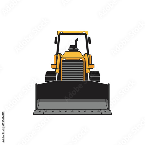 A yellow bulldozer with a large black blade is shown in a front view illustration, ideal for construction or industrial projects needing heavy machinery imagery.