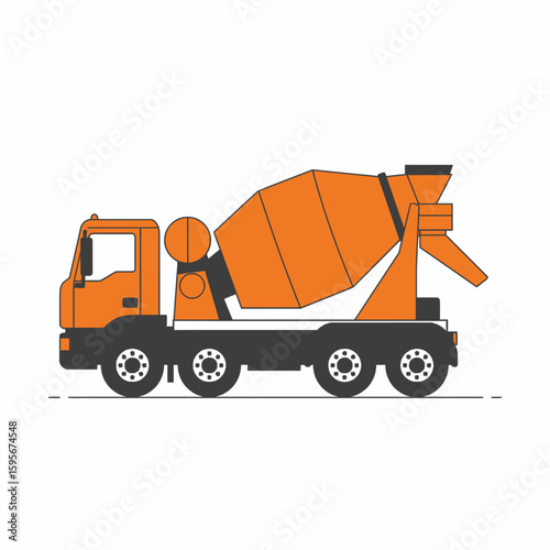 A modern orange cement mixer truck is depicted in a clean, flat illustration style on a white background.