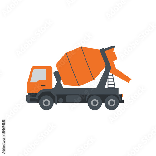 A vibrant, flat vector illustration showcases an orange and gray concrete mixer truck against a clean white background, ideal for construction-themed designs.