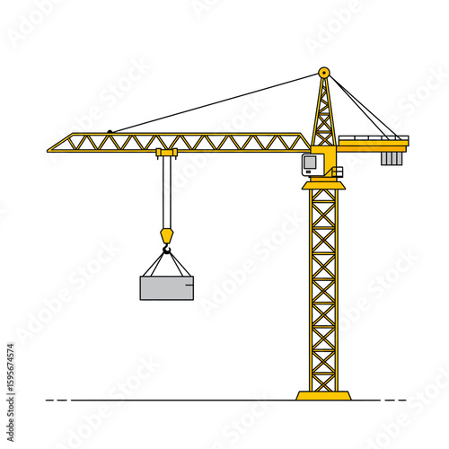 A yellow construction crane, rendered in a flat, illustrated style, is depicted lifting a concrete block against a clean, white background, suggesting building and industry.
