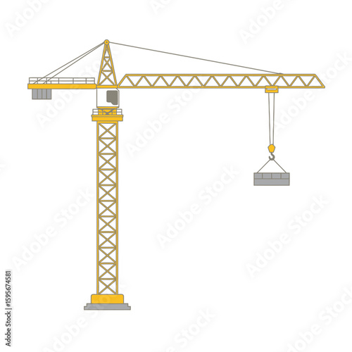 Illustration of a yellow crane lifting a concrete block against a plain white background, showcasing construction equipment in a simple, modern design.