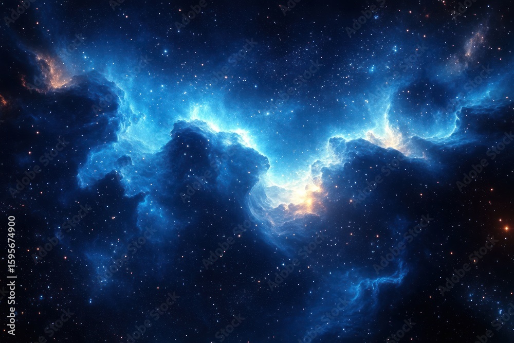 Naklejka premium Vast glowing blue nebula with bright stars scattered across deep space, evoking a sense of cosmic mystery and celestial beauty
