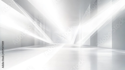 Fototapeta Naklejka Na Ścianę i Meble -  Bright white minimalist futuristic interior space with light beams and reflective floor creating abstract geometric shapes and a sense of openness