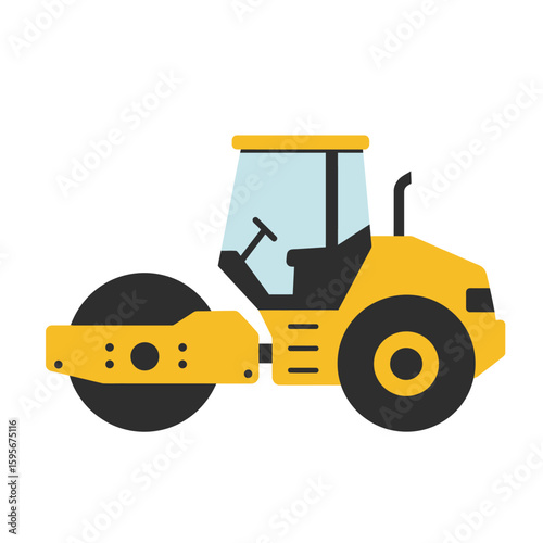 A bright yellow road roller machine, a compacting construction vehicle, isolated on a clean white background for graphic design.