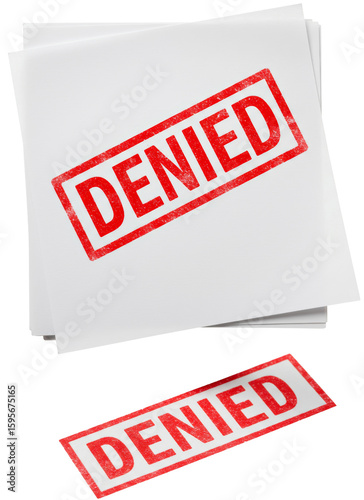 Denied stamp on white papers representing rejection concept on transparent background  