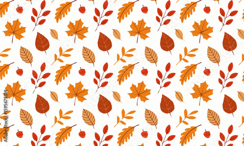 Festive autumn seamless pattern with colorful fall maple and oak leaves., Thanksgiving vector background with berries