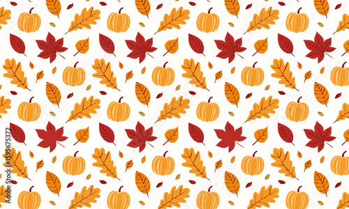 Cute autumn seamless pattern with pumpkins, maple and oak leaves, Festive Thanksgiving and Halloween vector background