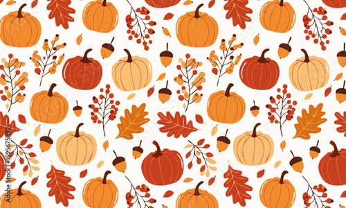 Cute autumn seamless pattern with pumpkins, oak leaves, and acorns, Festive Thanksgiving harvest vector background