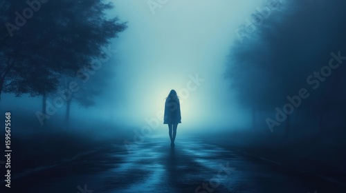 Silhouette of a person walking alone on a wet road surrounded by fog and trees during twilight, evoking mystery and solitude