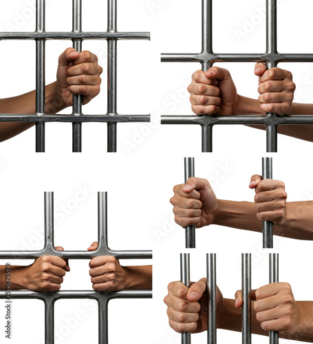 Hands gripping metal prison bars in various positions on transparent background  