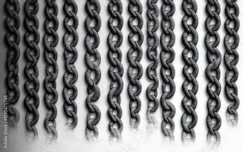 Close-up view of multiple dark metal chains hanging vertically against a white background, evoking strength and connection