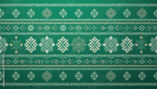 Decorative Green Textile Pattern Featuring Intricate Geometric Designs and Ornamental Motifs