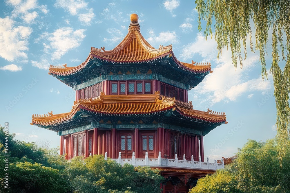 Traditional Asian pagoda with ornate orange-tiled roofs and red wooden structure surrounded by lush green trees under a partly cloudy blue sky Traditional Asian pagoda with ornate orange-tiled roofs and red wooden structure surrounded by lush green trees under a partly cloudy blue sky