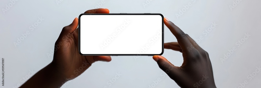 Fototapeta premium Close-up of two hands holding a smartphone horizontally with a blank white screen against a plain background