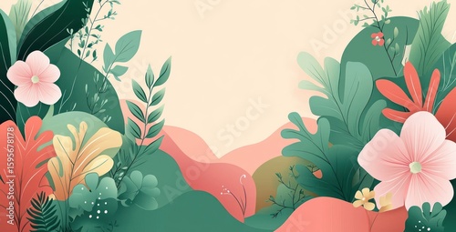 Abstract botanical illustration with large green leaves and pastel flowers framing an empty soft beige and pink background creating a calm and serene atmosphere