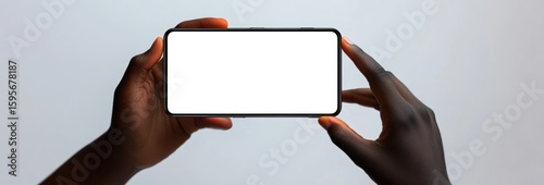 Close-up of two hands holding a smartphone horizontally with a blank white screen against a plain background