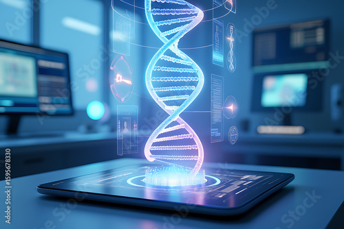 A glowing dna helix emerges from a digital tablet in a modern laboratory, surrounded by holographic data displays, representing the cuttingedge advancements in genetic research and technology