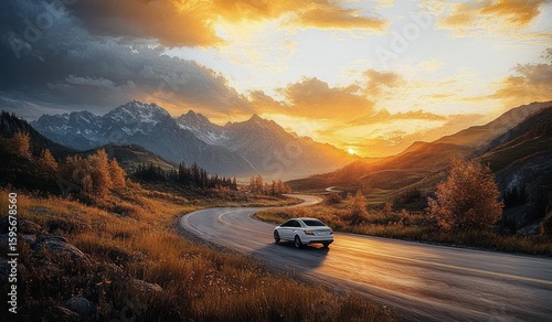 A white car driving on a winding road through golden autumn fields with mountains in the background under a dramatic sunset sky