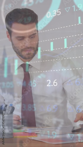 Animation of graphs, bars, circles, caucasian businessman talking on cellphone and drinking beverage