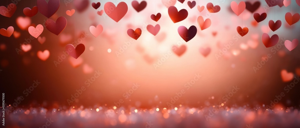 Obraz premium Red and pink paper hearts suspended against a soft glowing background with bokeh lights creating a warm and romantic atmosphere