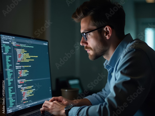 Développeur concentré écrivant du code sur écran en pleine nuit dans un bureau moderne

