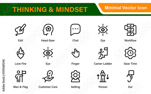 Thinking and Mindset Line Icons. Strategy, analysis, innovation, problem‑solving, rational ideas, Logic, reasoning, solutions, planning, Evaluate, solve, reason, plan with modern line‑style icons.
