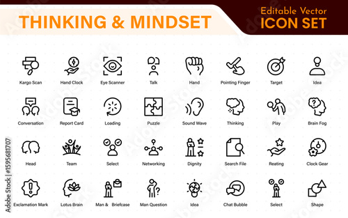 Thinking and Mindset Line Icons. Strategy, analysis, innovation, problem‑solving, rational ideas, Logic, reasoning, solutions, planning, Evaluate, solve, reason, plan with modern line‑style icons.